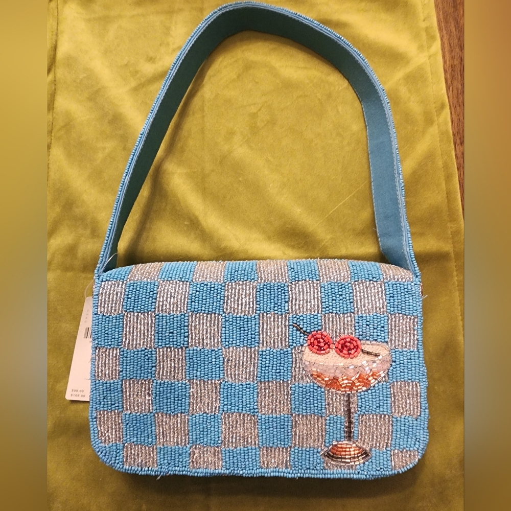Anthropologie Blue Beaded Cherry Appliqué Shoulder Bag - Picture 2 of 6